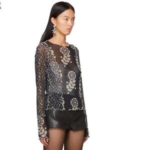 Anna Sui Black Mesh Posies & Pop Flowers Long Sleeve T-Shirt Size Small